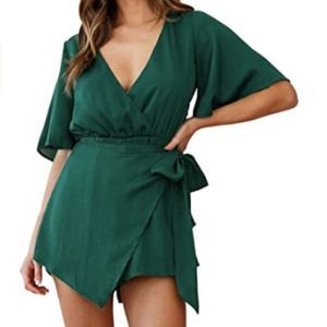 Bonkwa Women's Solid Flared Sleeve Irregular Hem Jumpsuit Wrap V Neck Waist